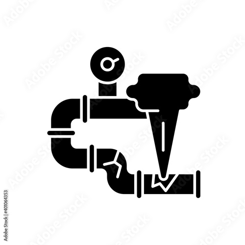 Gas leak black glyph icon. Damaged gas pipe. Carbon monoxide poisoning. Toxic gases and air quality issues. Gas-burning appliance. Silhouette symbol on white space. Vector isolated illustration