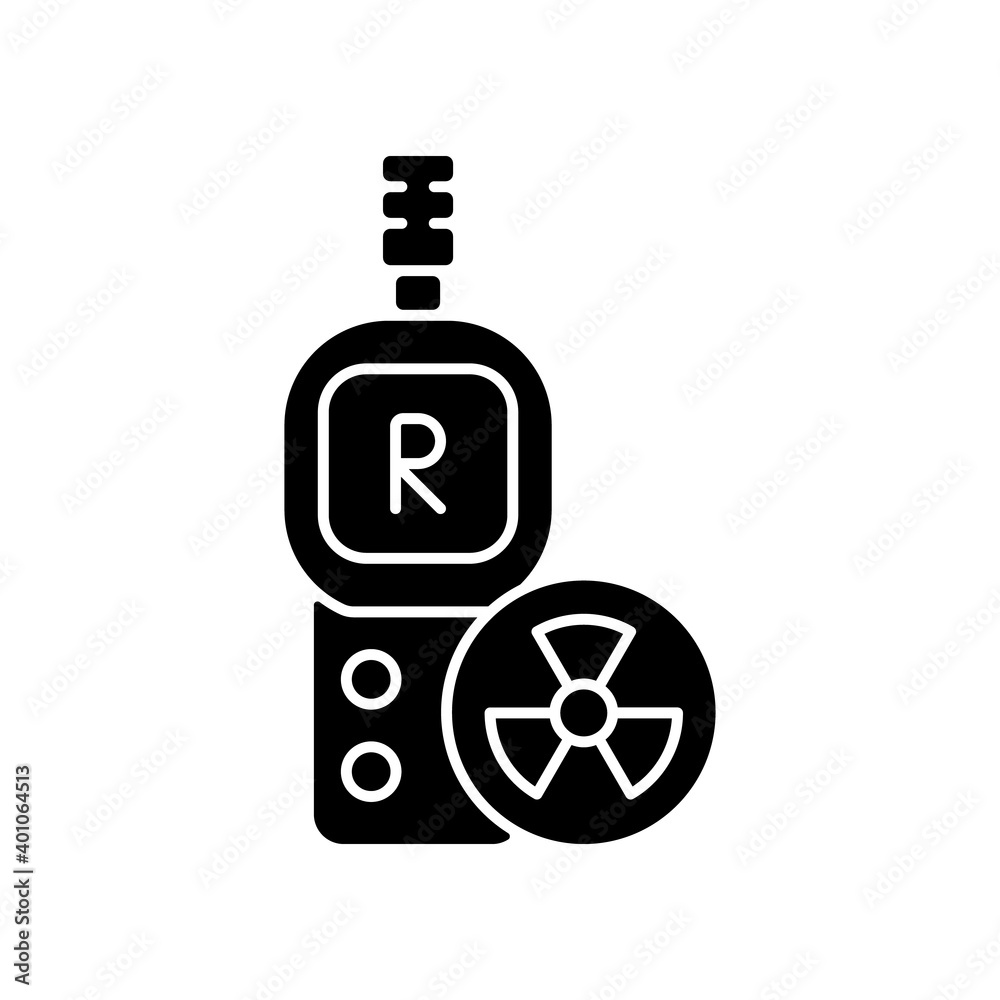 Radiation dosimeter black glyph icon. Geiger counter. Measuring external ionizing radiation dose uptake. Radioactive materials. Silhouette symbol on white space. Vector isolated illustration Radiation dosimeter black glyph icon. Geiger counter. Measuring external ionizing radiation dose uptake. Radioactive materials. Silhouette symbol on white space. Vector isolated illustration