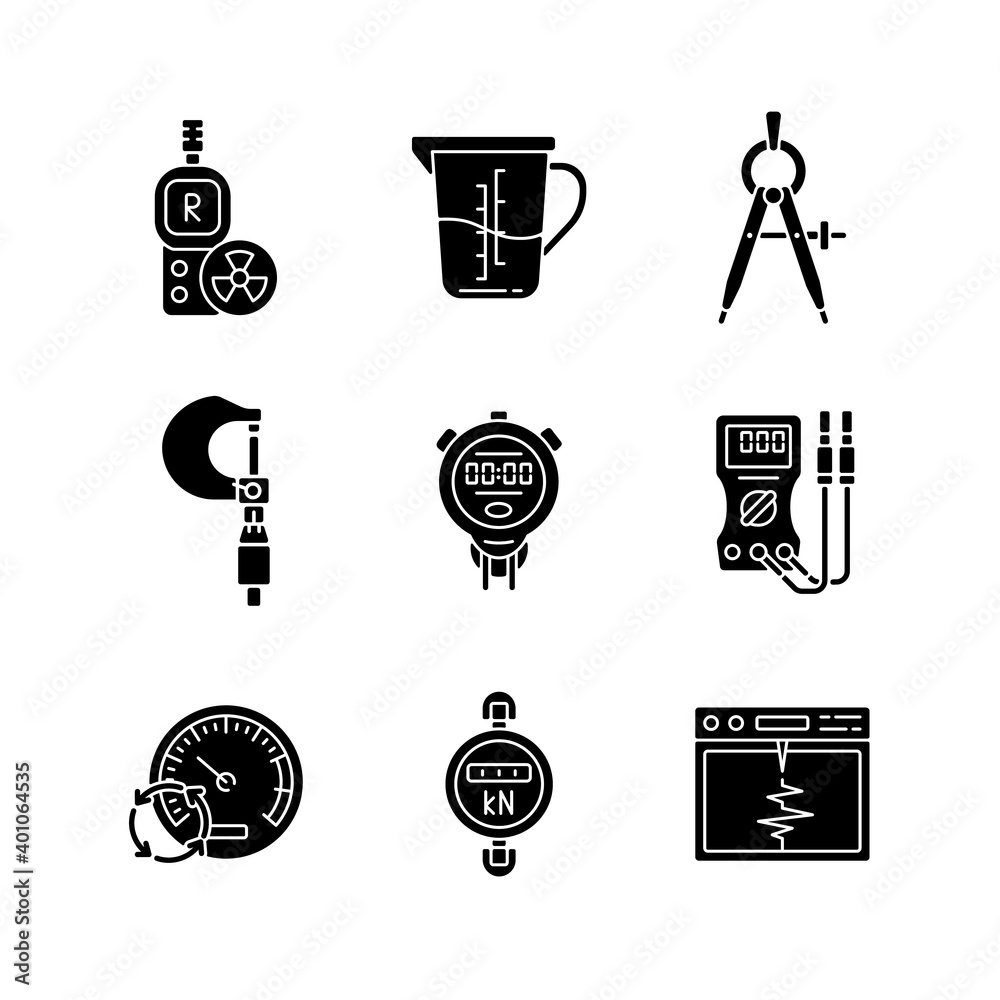 Measuring instruments black glyph icons set on white space. Radiation