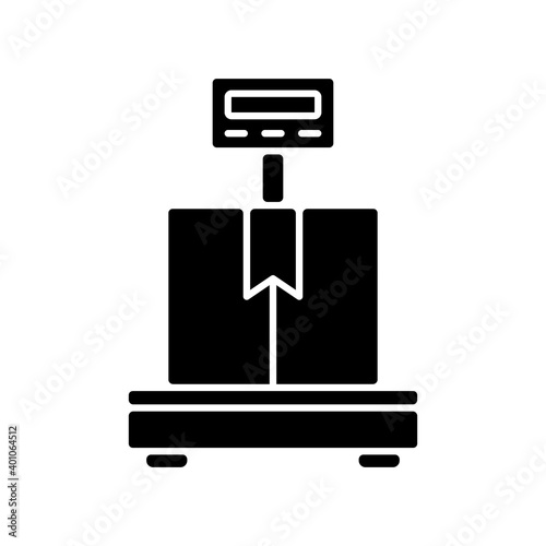Industrial scales black glyph icon. Measuring objects. Weighing solution. Shipping, loading dock, trucking. Pallets, containers, crates. Silhouette symbol on white space. Vector isolated illustration