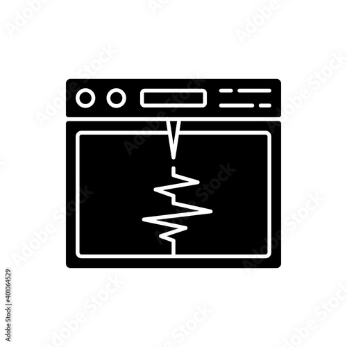Seismograph black glyph icon. Recording ground motion during earthquake. Measuring electronic changes. Detecting seismic waves. Silhouette symbol on white space. Vector isolated illustration