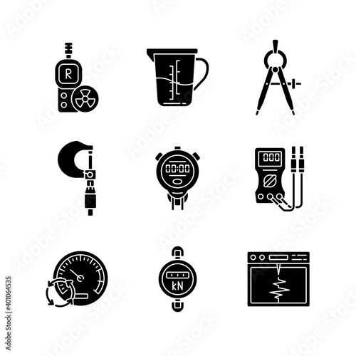 Measuring instruments black glyph icons set on white space. Radiation dosimeter. Measuring cup. Compass. Micrometer. Stopwatch. Voltmeter, ohmmeter. Silhouette symbols. Vector isolated illustration