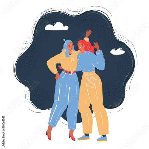 Vector illustration of Pair of pretty young women standing together and hugging. Close friends or sisters embracing and laughing on dark background.
