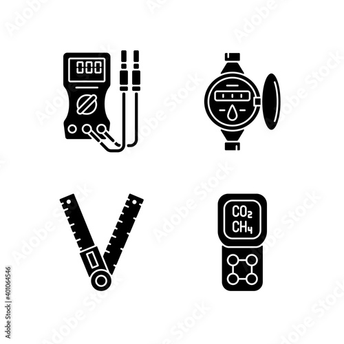 Measurement tools black glyph icons set on white space. Ammeter. Water meter. Angle finder. Gas detector. Voltmeter, ohmmeter. Measuring liquid volume. Silhouette symbols. Vector isolated illustration