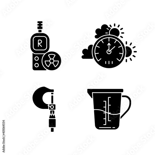 Measurement tools black glyph icons set on white space. Radiation dosimeter. Barometer. Culinary, bakery purposes. Micrometer. Geiger counter. Silhouette symbols. Vector isolated illustration