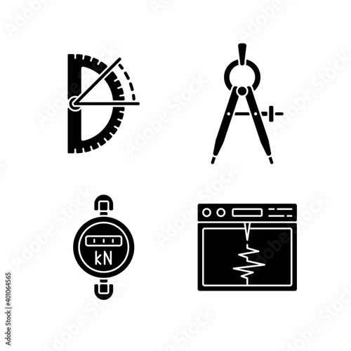 Measurement tools black glyph icons set on white space. Half circle protractor. Compass tool. Dynamometer. Seismograph. Architectural drawing. Silhouette symbols. Vector isolated illustration