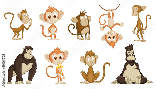 Cute funny monkeys colorful cartoon collection. Set of vector chimpanzee in diferent poses. Wildlife characters