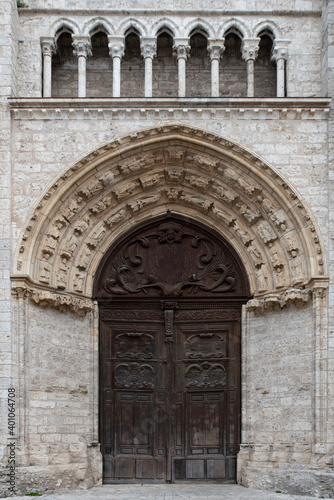 Detail of an old green wooden door in the town of Blois, France