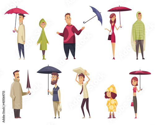Bad windy rainy weather funny cartoon icons set with people holding flipping inside out umbrellas vector illustration. Collection characters with parasols