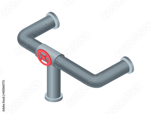 Isometric pipe. Water tube or pipeline with red valve. Oil or gas industry tube construction. Plastic plumbing system 3d. Piece of pipe