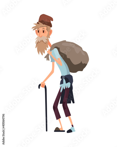 Homeless people. Sad jobless people in dirty clothes begging money and needing help. Unemployment men needing help. Beggar bum or vagrant homeless old man with stick