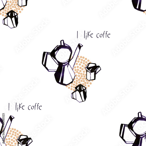Seamlass pattern illustration with black and white teapots on circle with dots isolated on whire background