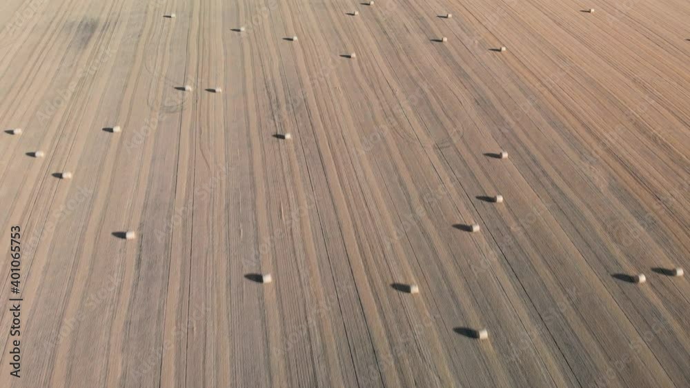 Drone flying backwards high above a harvested farm field that is filled with round straw bales.
Drone flying backwards high above a harvested farm field that is filled with round straw bales.