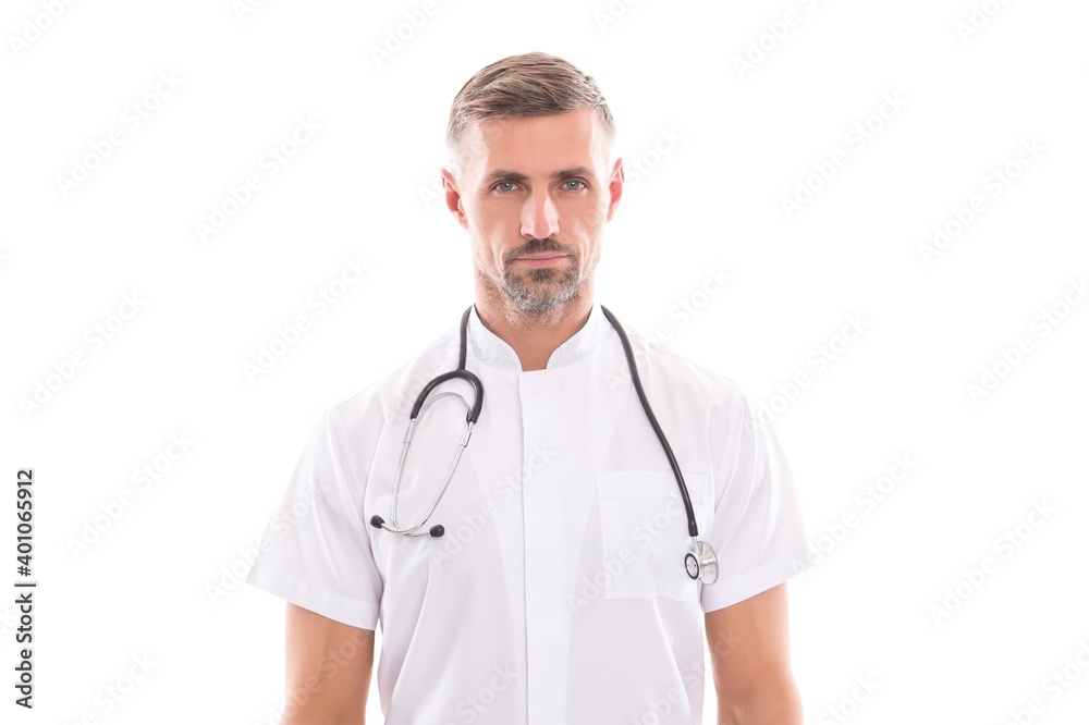 mature man therapist with phonendoscope in uniform isolated on white, medicine mature man therapist with phonendoscope in uniform isolated on white, medicine