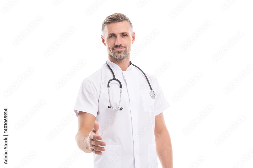 man nurse do corona igg immunity test. confident doctor with phonendoscope isolated on white. coronavirus pneumonia pandemic. virus treatment. spread of covid 19. healthcare. reach out hand to shake man nurse do corona igg immunity test. confident doctor with phonendoscope isolated on white. coronavirus pneumonia pandemic. virus treatment. spread of covid 19. healthcare. reach out hand to shake