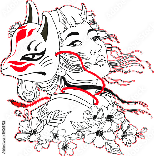 Vector japanese style illustration. Kabuki mask geisha girl image.