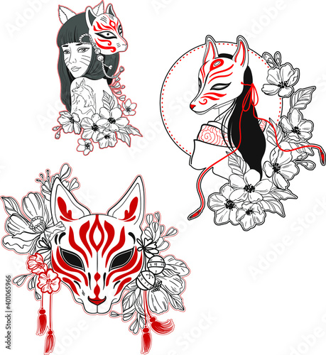 Vector japanese style illustration. Kabuki mask geisha girl image.