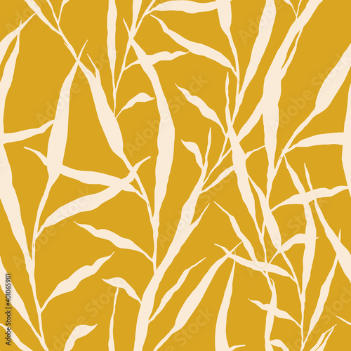 Seamless patterns. White stems of plants on a yellow background. Endless illustration for print, etc.