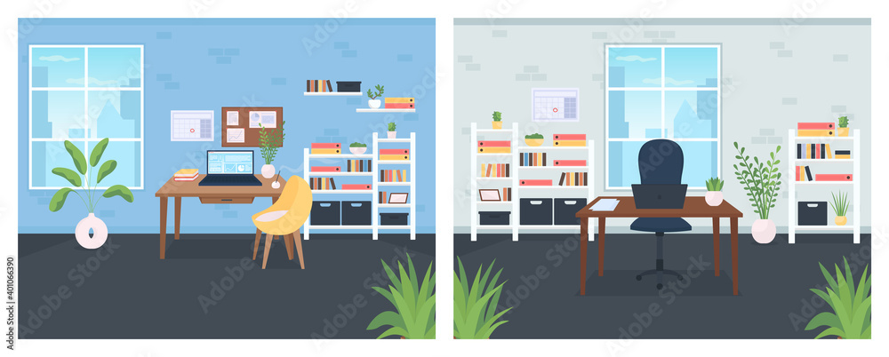 Office flat color vector illustration set
