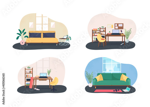 Home office gym 2D vector web banner, poster set