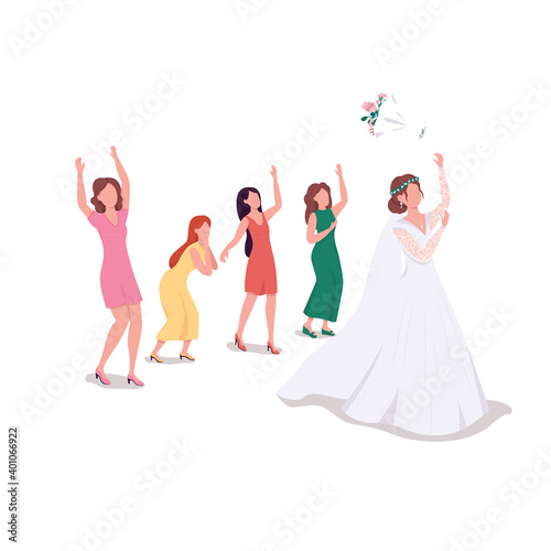 Bride throwing bouquet flat color vector faceless character