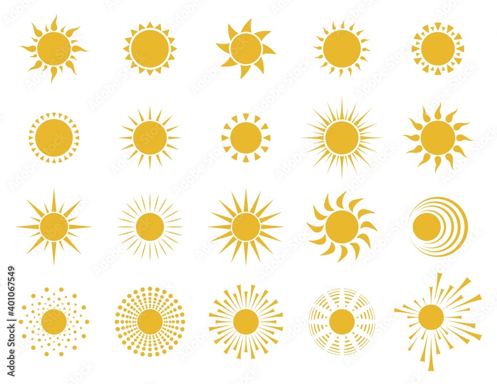 Sun icons.  Set of yellow symbols. Spring, summer or tropical background design element. Isolated. Vector
