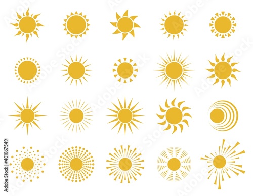 Sun icons. Set of yellow symbols. Spring, summer or tropical background design element. Isolated. Vector