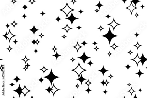 Stars and sparks. Abstract seamless pattern. Starry background for packaging, textile and wrapping paper design. Template for festive, sparkling, shiny background. Black silhouette. Isolated. Vector © Larisa