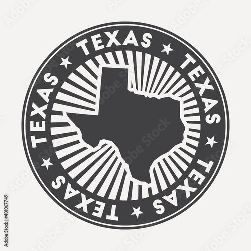Texas round logo. Vintage travel badge with the circular name and map of US state, vector illustration. Can be used as insignia, logotype, label, sticker or badge of Texas.