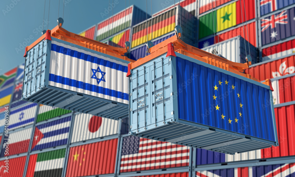 Freight containers with European Union and Israel flags. 3D Rendering 