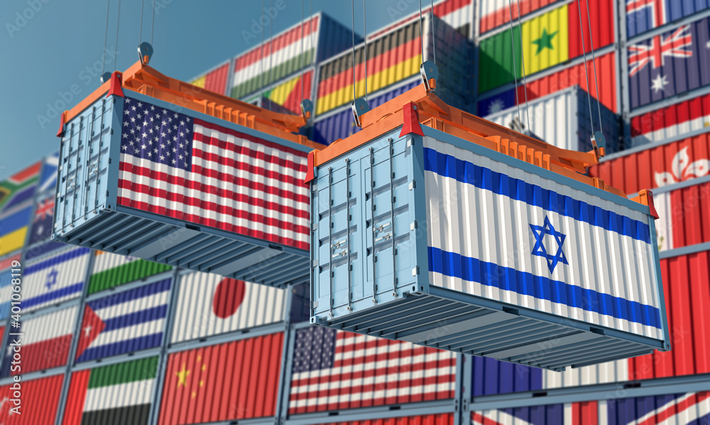 Freight containers with USA and Israel national flags. 3D Rendering 