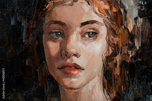 Portrait of a young, dreamy girl with curly brown hair on a mysterious abstract background. Palette knife technique of oil painting and brush.