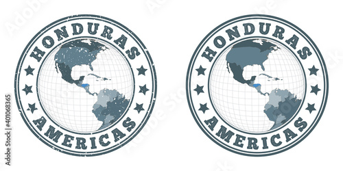 Honduras round logos. Circular badges of the country with a map of Honduras in a world context. Plain and textured country stamps. Vector illustration.