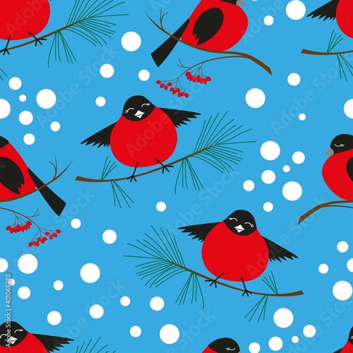 Seamless pattern with cute bullfinches on a blue background. Isolated objects. Vector illustration for fabric, postcards, wallpaper, covers, packaging, wrapping paper.