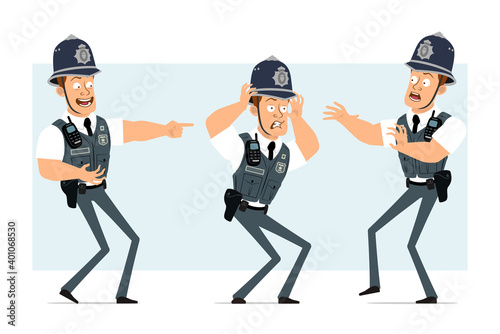 Cartoon flat funny strong policeman character in bulletproof vest with radio set. Boy sad, tired, laughing and scared. Ready for animation. Isolated on blue background. Vector set.