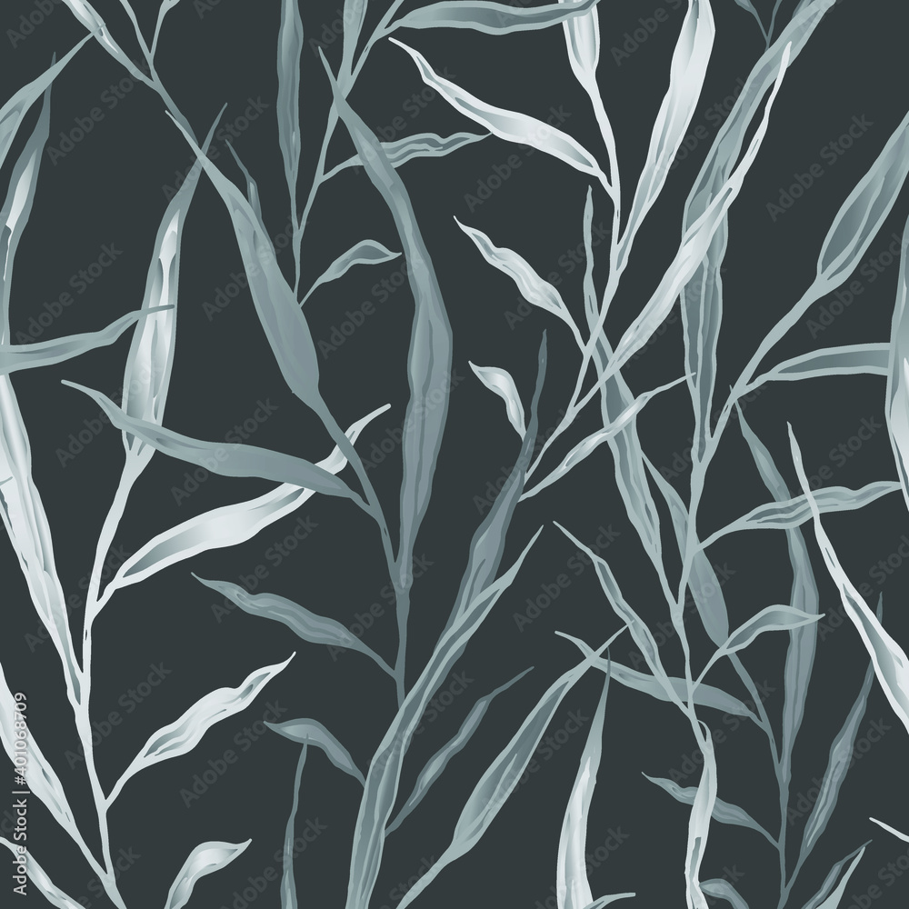 Seamless patterns. Grey background. Natural oblong monochrome leaves and twigs. Vector illustration.