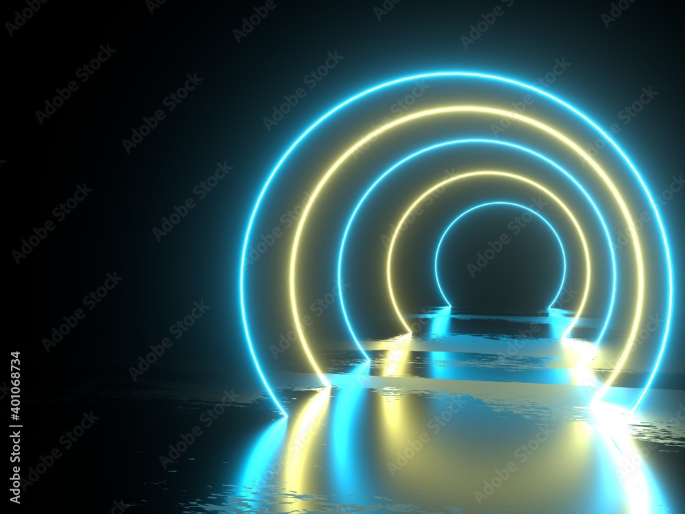 Fototapeta premium 3d render neon arch or tunnel with floor reflection. Glowing round lights in blue and yellow spectrum colors. Abstract background. 3d rendering illustration.