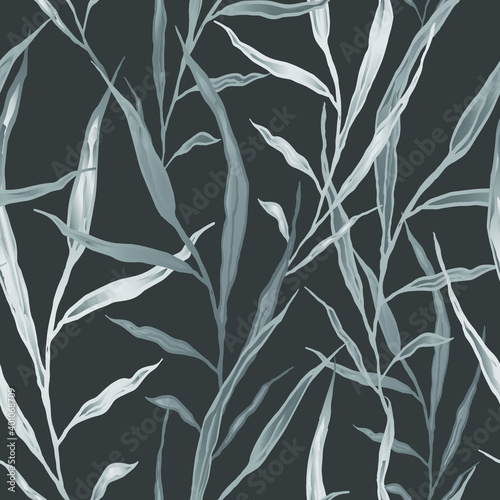 Fototapeta Naklejka Na Ścianę i Meble -  Seamless patterns. Grey background. Natural oblong monochrome leaves and twigs. Vector illustration.