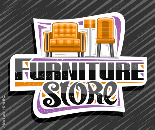 Vector logo for Furniture Store, white decorative sign board with illustration of contemporary living room interior, sticker with unique lettering for words furniture store on grey abstract background