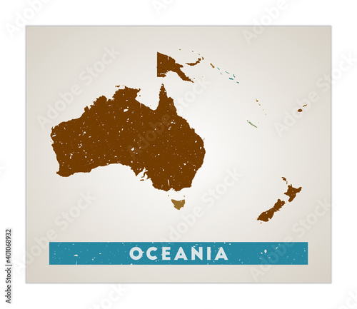 Oceania map. Continent poster with regions. Old grunge texture. Shape of Oceania with continent name. Attractive vector illustration.