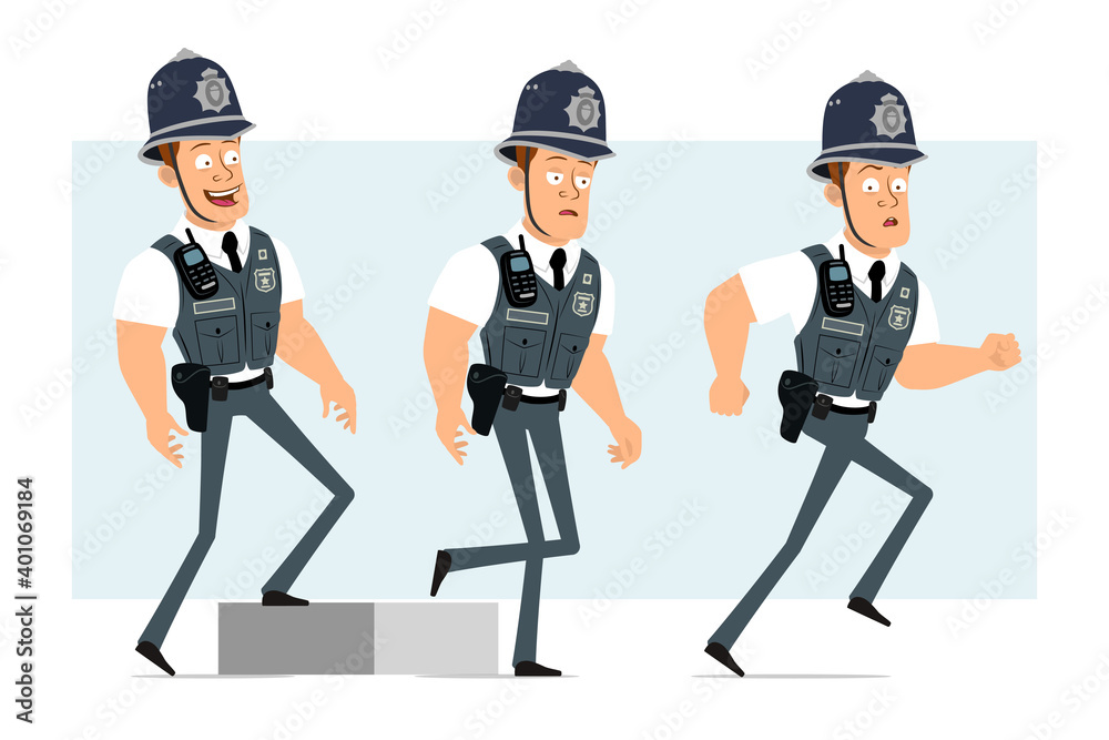 Cartoon flat funny strong policeman character in bulletproof vest with radio set. Successful tired boy walking up to his goal. Ready for animation. Isolated on blue background. Vector set.