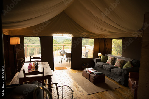 Living room and dining room furniture in yurt cabin