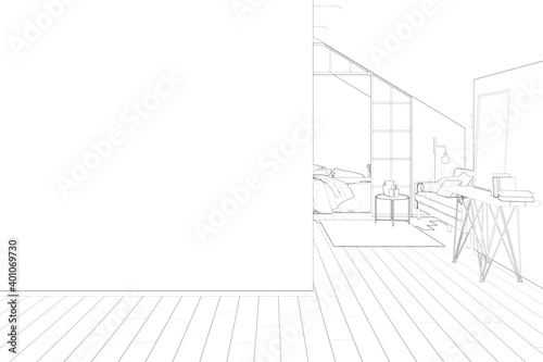 Sketch of a large attic with a blank mockup wall  tiled floor. There is a painting with books on a sideboard  a gray modern sofa  a bed with a blanket in the background. Front view. 3d render