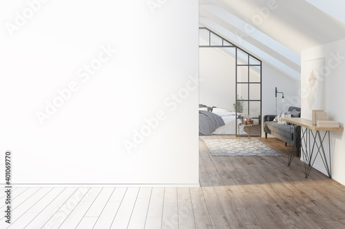 The sketch becomes a real attic with a blank mockup wall, wooden floor. There is a painting with books on a sideboard, a gray modern sofa, a bed with a blanket in the background. Front view. 3d render