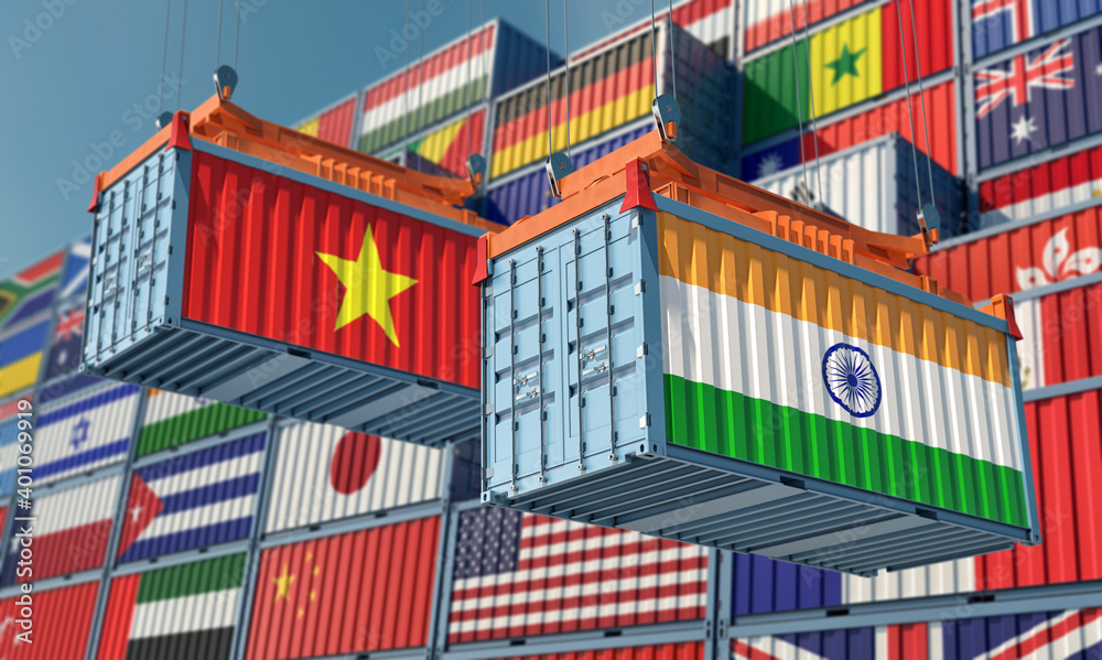 Freight containers with Vietnam and India national flags. 3D Rendering 