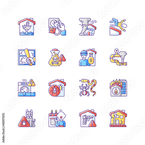 Home damage RGB color icons set
