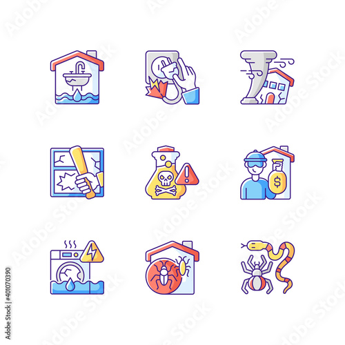 Home accidents prevention RGB color icons set