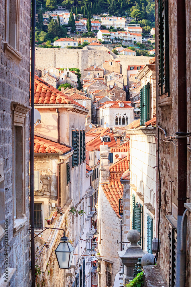Summer cityscape - view of a medieval street with stairs in the Old Town of Dubrovnik on the Adriatic Sea coast of Croatia