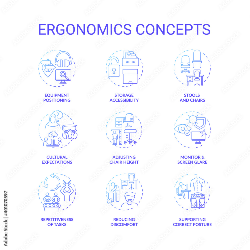 Ergonomics concept icons set Ergonomics concept icons set