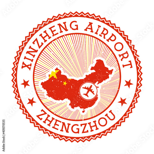 Xinzheng Airport Zhengzhou stamp. Airport logo vector illustration. Zhengzhou airport with country flag.